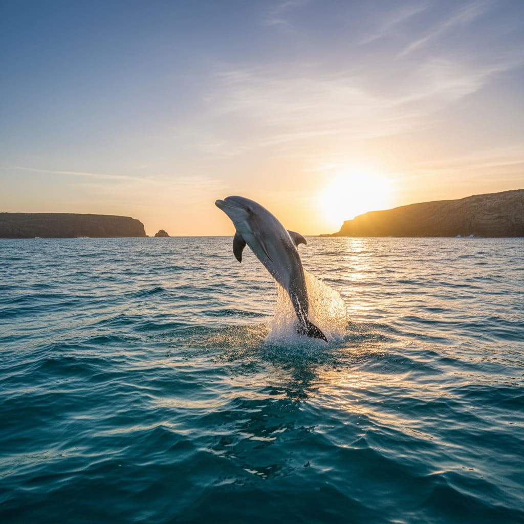 Дельфин выпрыгивает из моря на фоне заката
