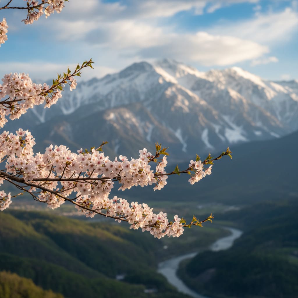 Горный пейзаж с японской сакурой на переднем плане